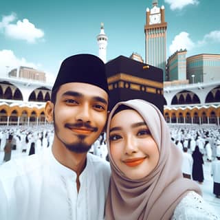 couple in muslim dress in front of kaaba