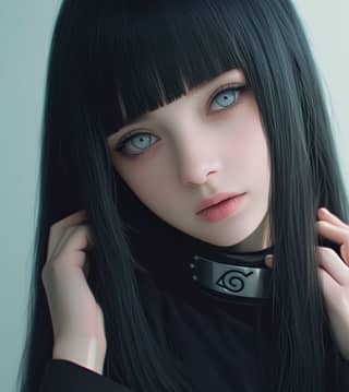 a girl with blue eyes and long black hair
