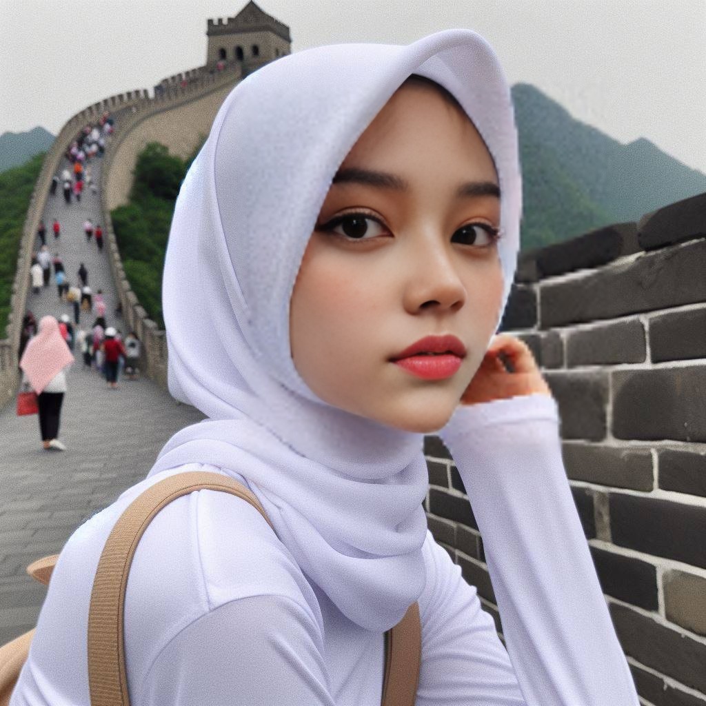 wearing a white hijab in front of the great wall